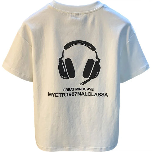 Premium Men's White Printed T-Shirt – High-End Loose Fit Short Sleeve Top